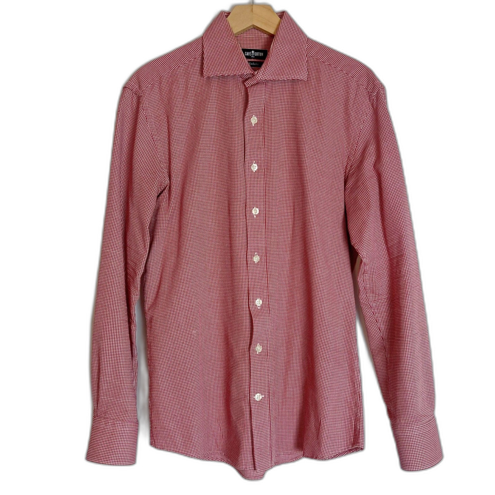 Cafe Coton Men's Red and White Micro Check Button Down Shirt Size 15 3/4